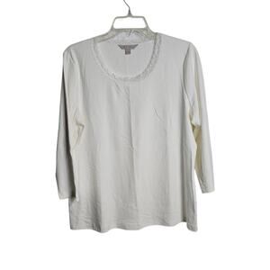 Womens Large Basic Ivory White 3/4 Sleeve Top Cotton Laura Ashley Scoop Neck